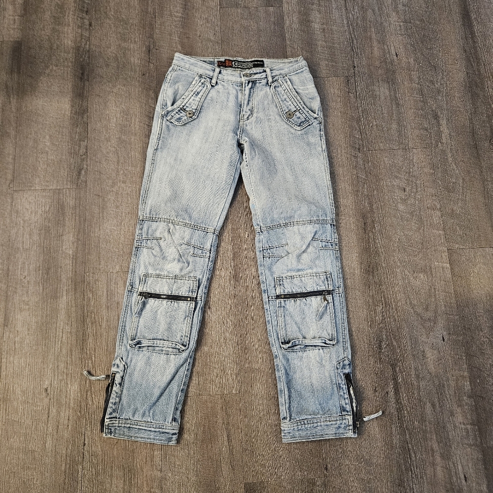 Chang Quing Wu Jeans Rare Vintage Articulated Knee  Cargo Style.Sz 27 Light Wash